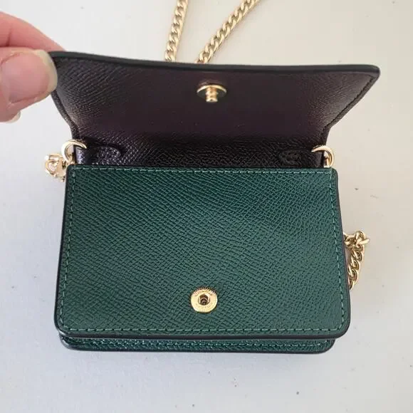 Coach Mini Crossbody Chain Wallet Pebbled Leather Dark Green Gold Hardware Women - Picture 6 of 8